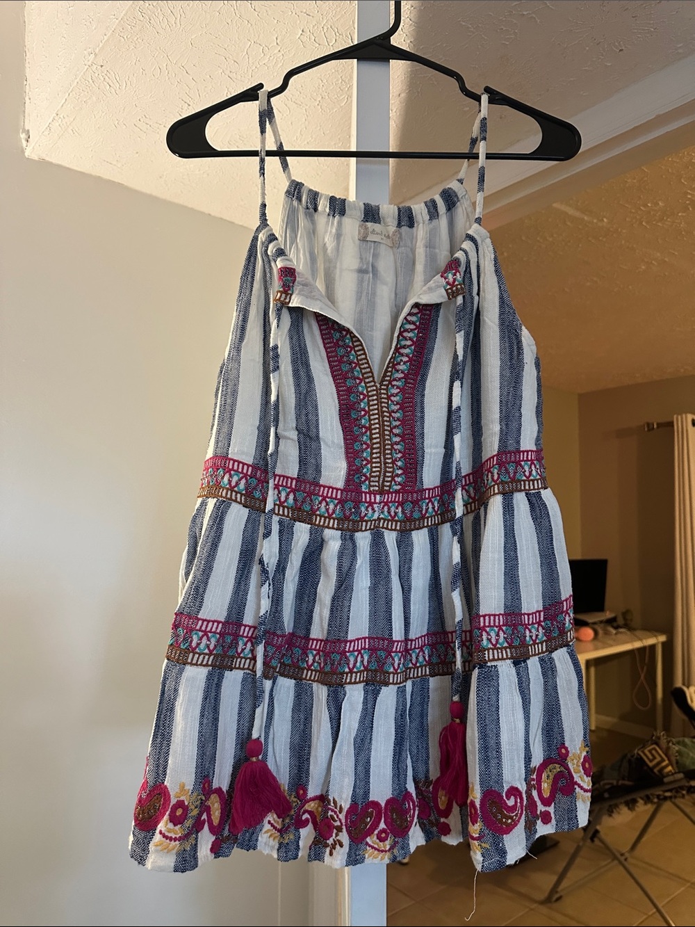 Girls Blue & White Striped Embroidered Sundress with Pink Accents